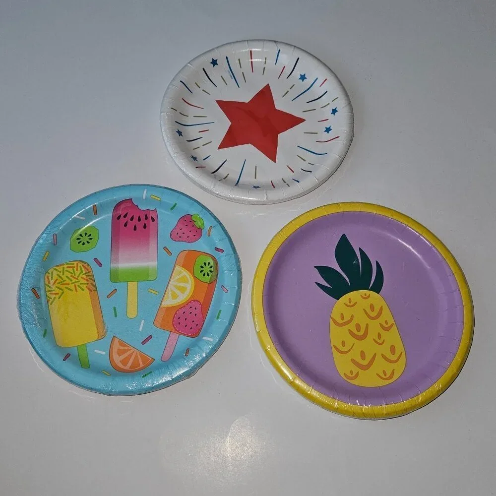 NEW 3 Pkgs Summer Paper Plates Lot Pineapple Popsicles Stars 4th July Picnic